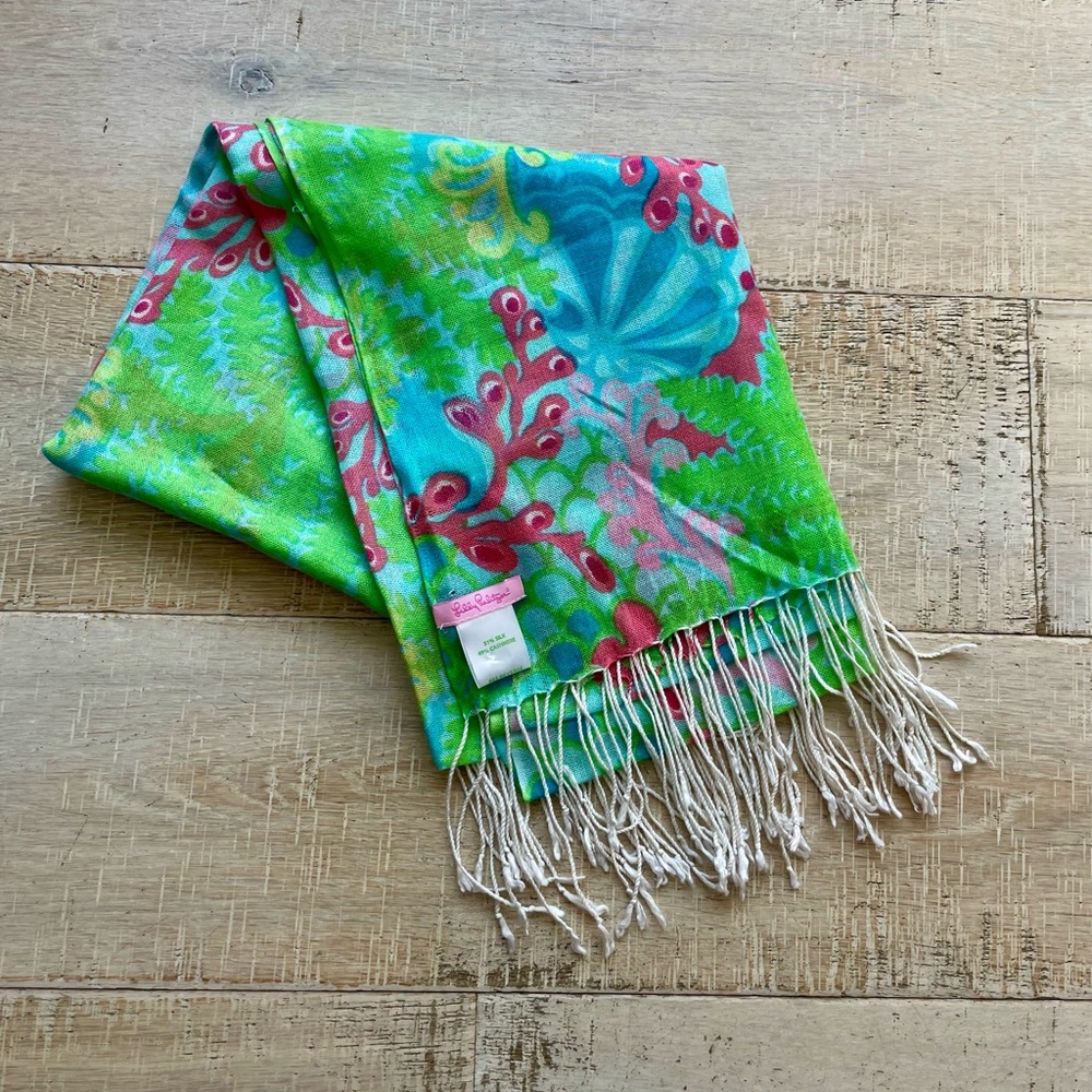 Lilly Pulitzer "Checkin' in" Gecko Print Scarf Aqua, Lime & Coral Silk/Cashmere